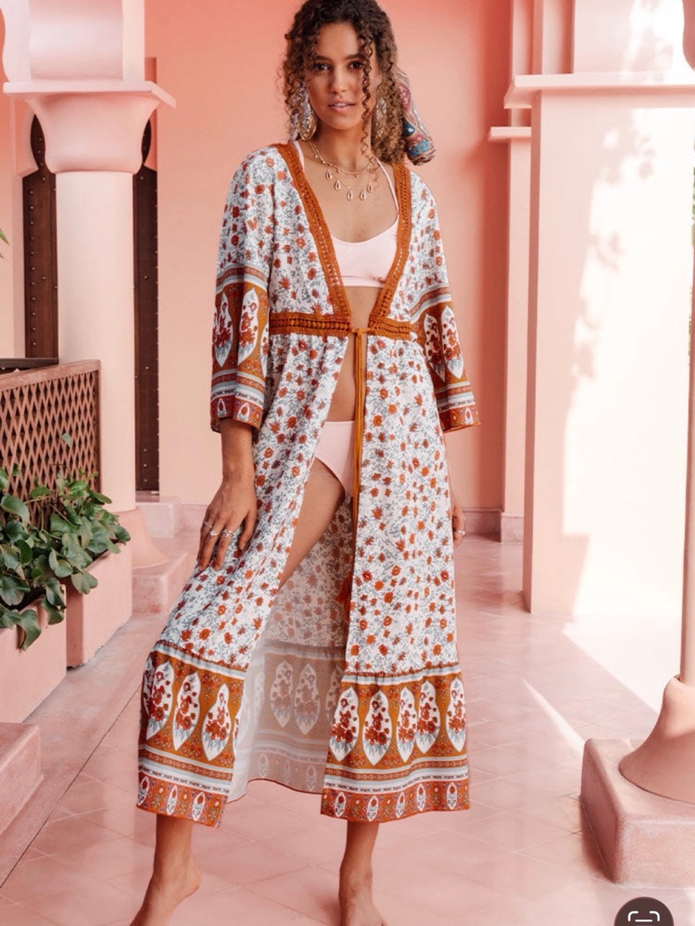 Cupshe White and Rust Printed Long Swim Coverup Kimono